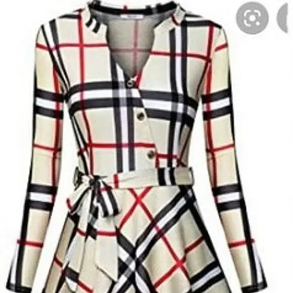 Diphi LiLi Plaid Dress Sz XL Tan Black V-Neck Button Down Fit & Flare Preppy VNT - Picture 6 of 13